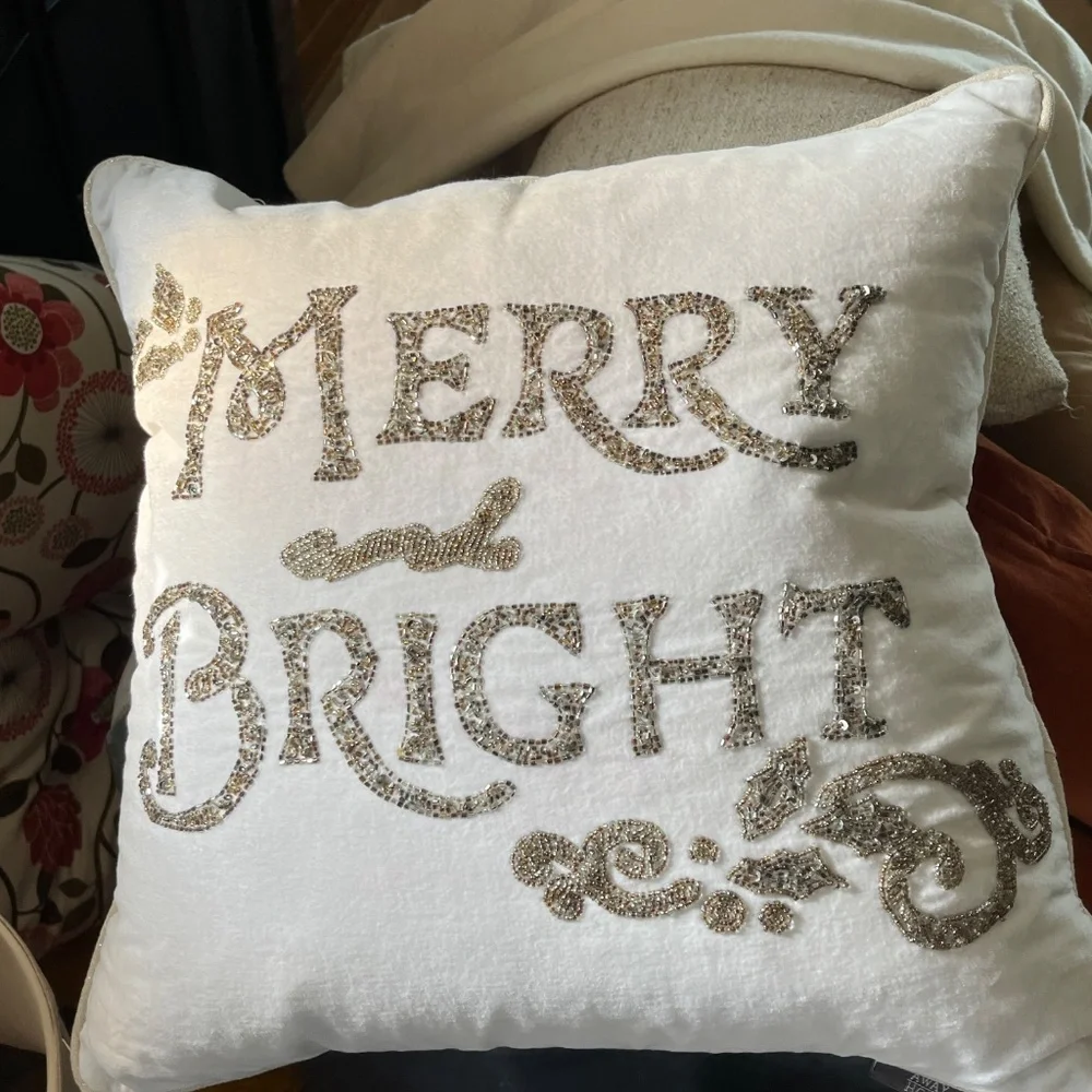Merry and Bright Beaded White Velvet Pillow Down Fill, Dash Away Home 20 x 20